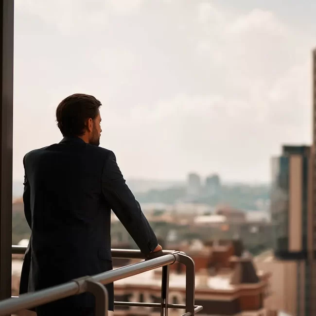 Business professional on the balcony of an office building looking out over the rest of the city