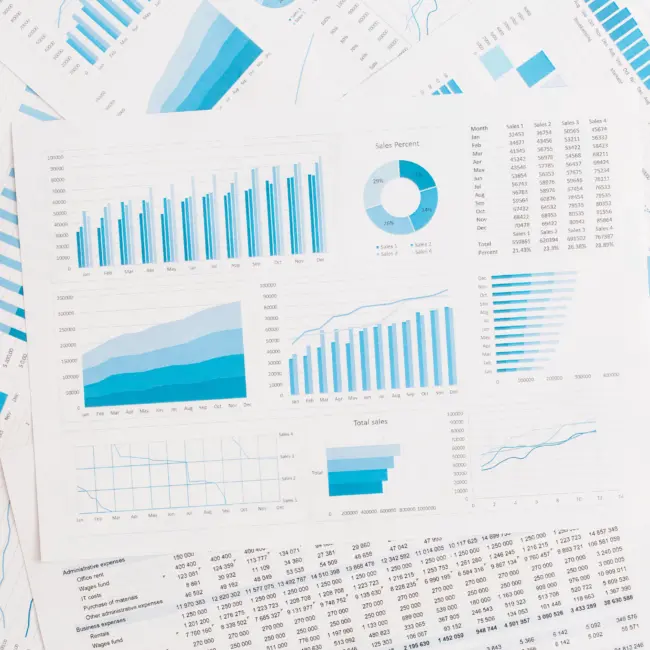 Business graphs and charts on table. Financial development, Banking Account, Statistics